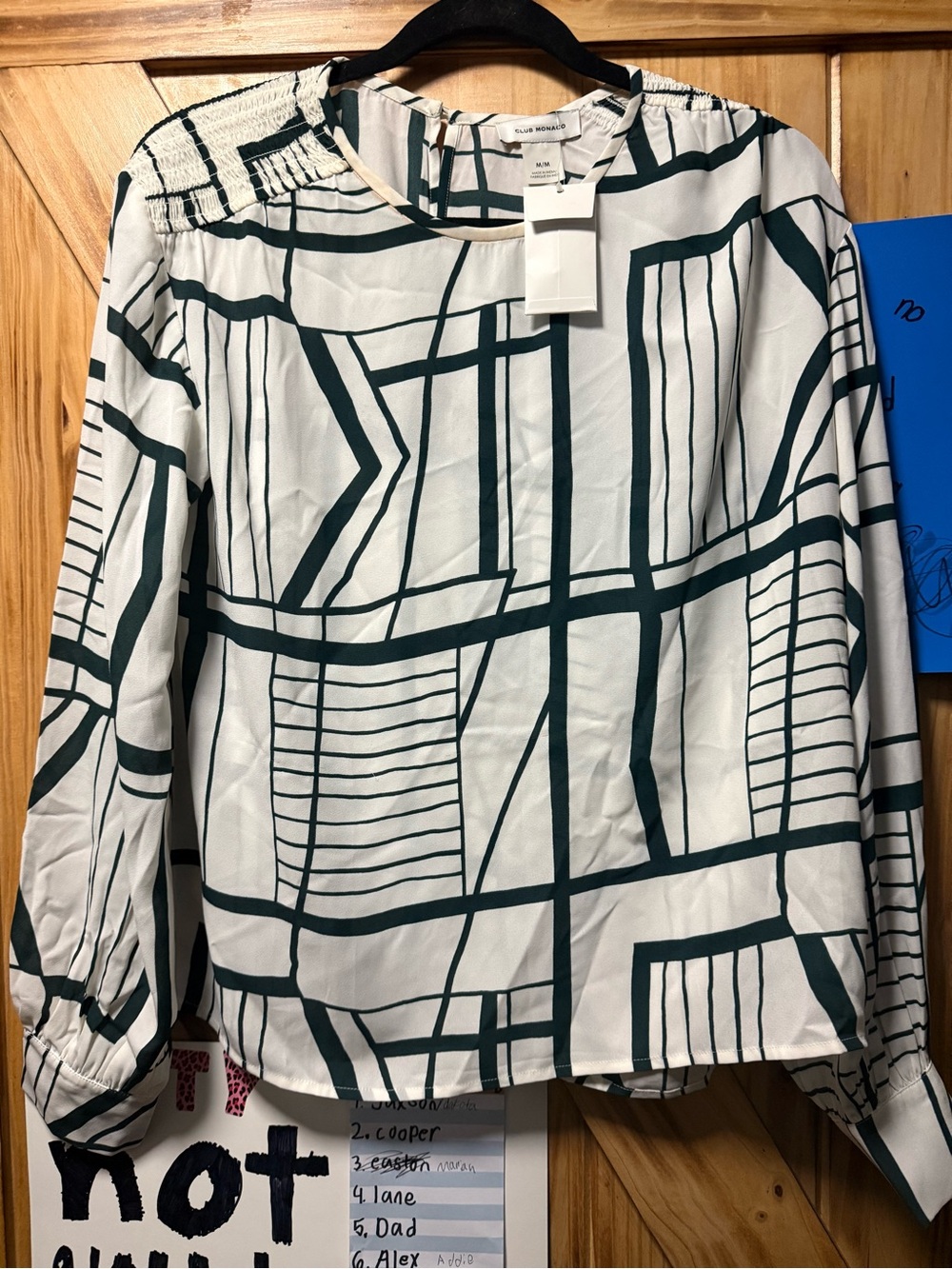 Club Monaco White Blouse with Dark Teal Geometric Lines